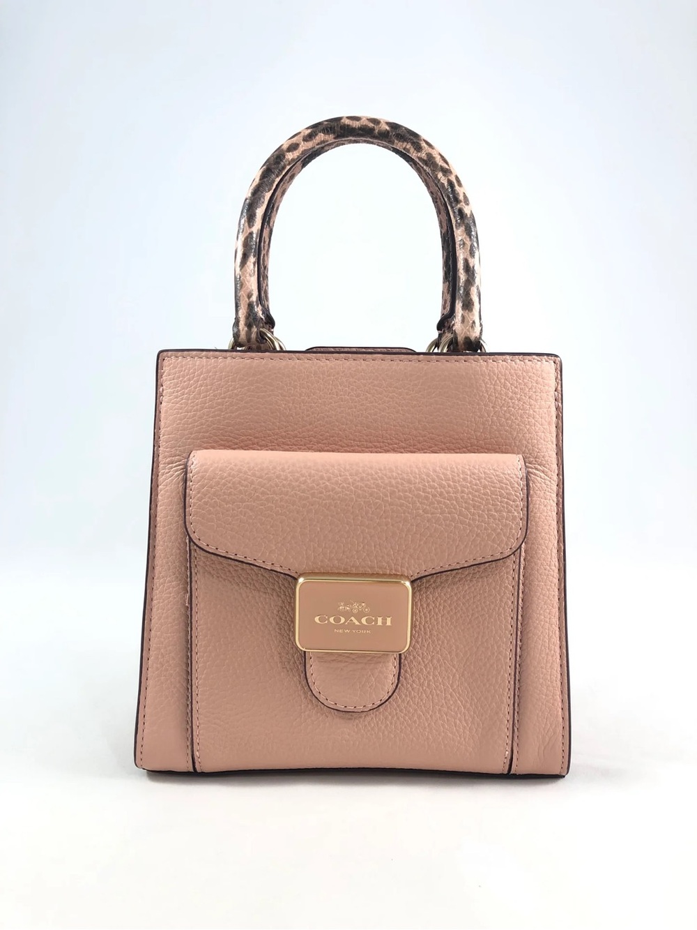COACH Mini Pepper Pink Leather Top-Handle Satchel with Leopard-Print Handle